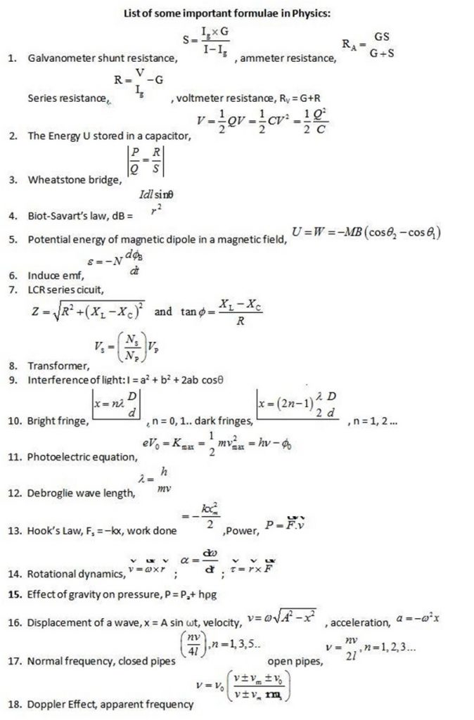 important formulas in physics
